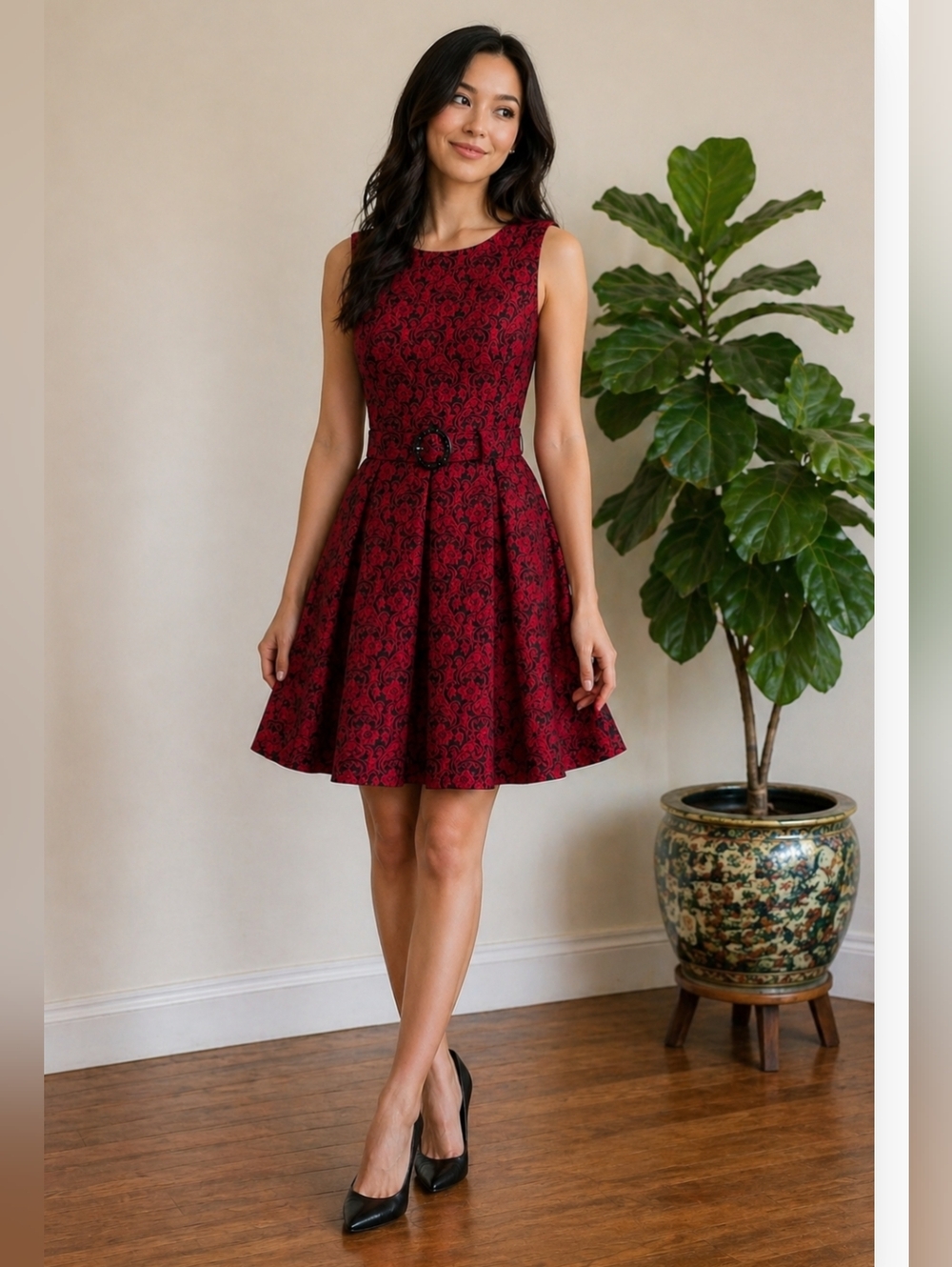 Jones New York Sleeveless Red Jacquard Fit-and-Flare Dress with Belt
